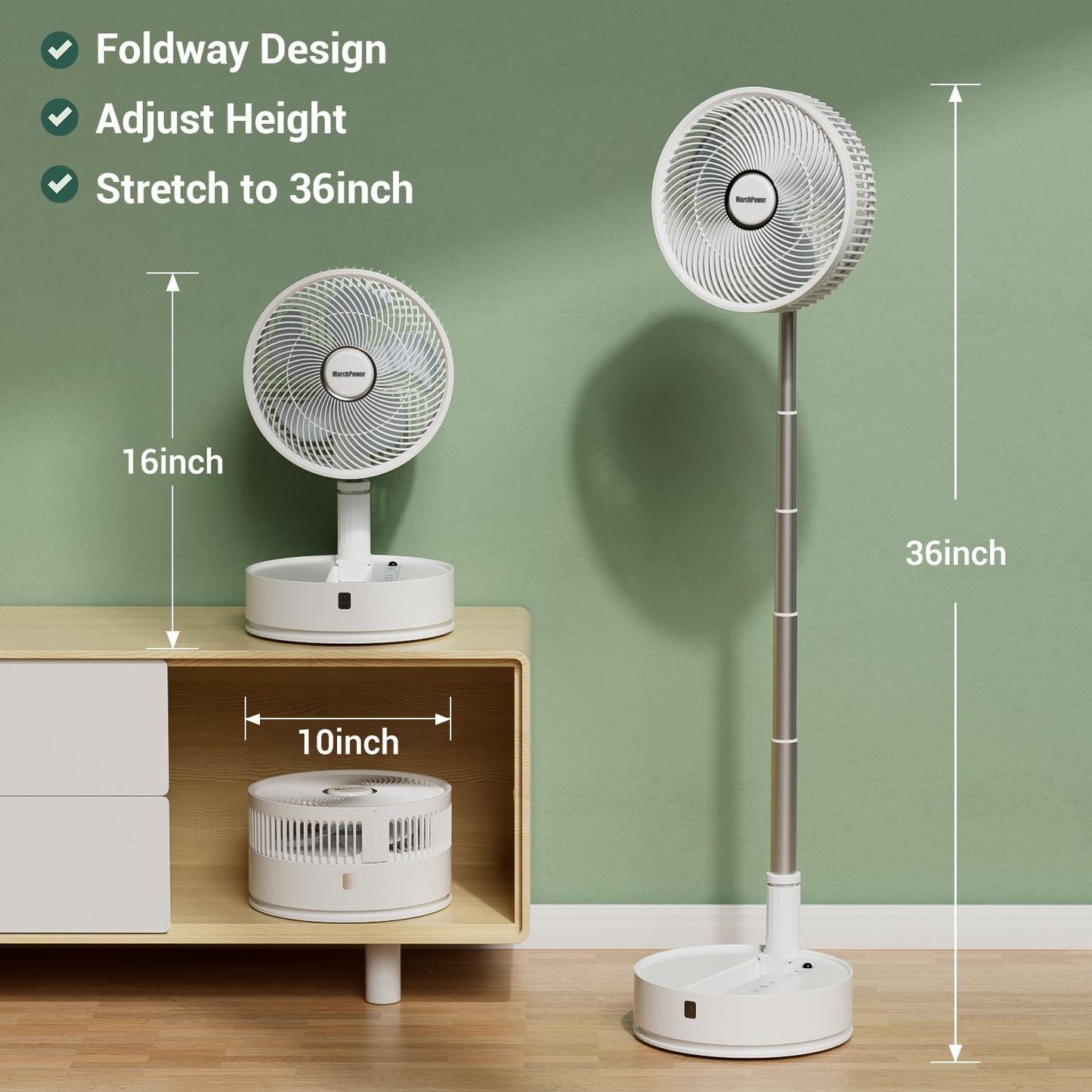Marchpower Portable Pedestal Fan with Remote 10" Collapsible Fan Osciallating Foldable Standing Floor Fan with Timer, Cordless Foldaway 5-Speed Telescopic Table Fan for Home Trave Picnic Camping
