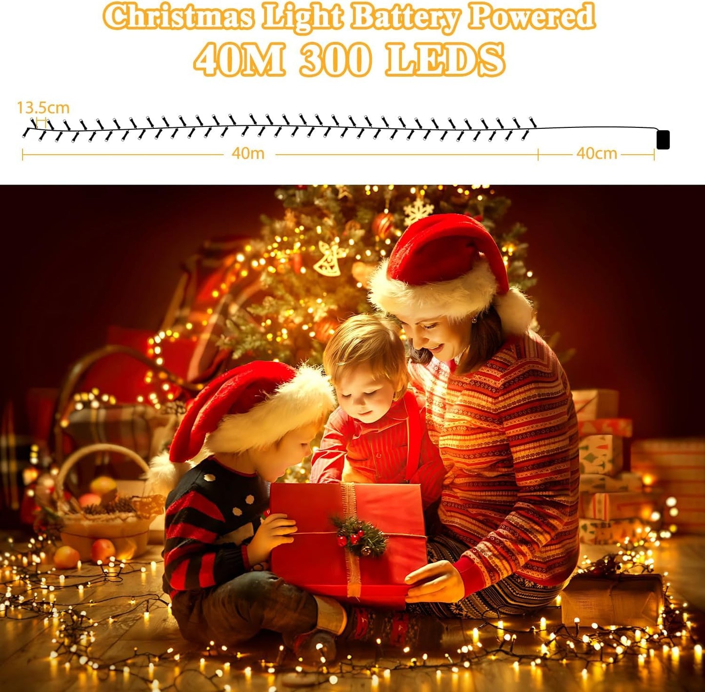 Christmas String Lights, Battery Operated Xmas Tree Lights 132ft 300-LED 8 Modes Waterproof Decorative Lights for Indoor Outdoor Holiday Wedding Party Home Yard Decoration -Warm White