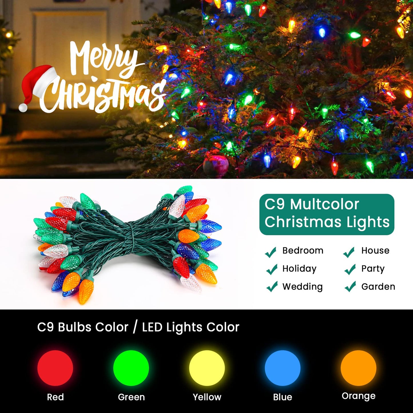 Marchpower C9 Christmas Lights,70LED 46FT Big Bulb Waterproof Outdoor Indoor String Lights,Durable Fairy Light Plug in Connectable Strawberry Light for Party Garden Tree Home Roof Decorate, Multicolor