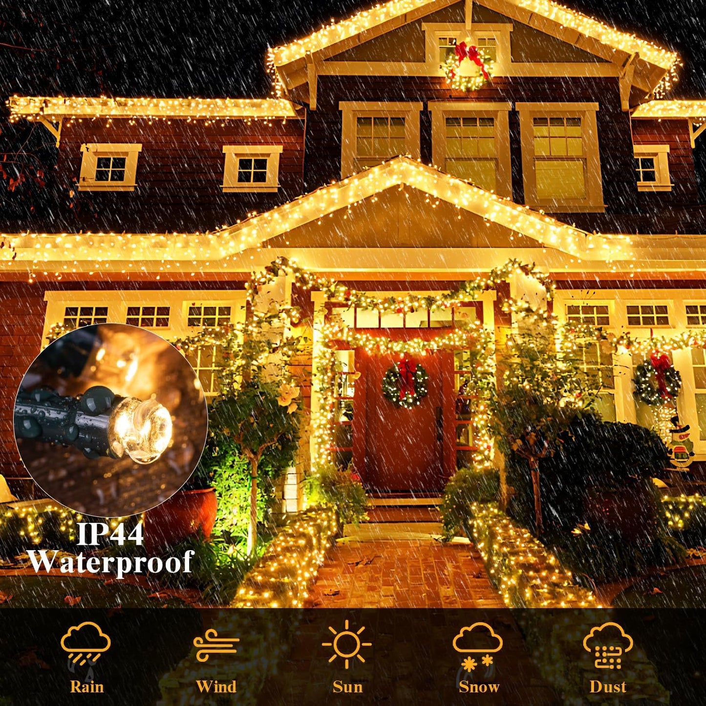 Christmas String Lights, Battery Operated Xmas Tree Lights 132ft 300-LED 8 Modes Waterproof Decorative Lights for Indoor Outdoor Holiday Wedding Party Home Yard Decoration -Warm White