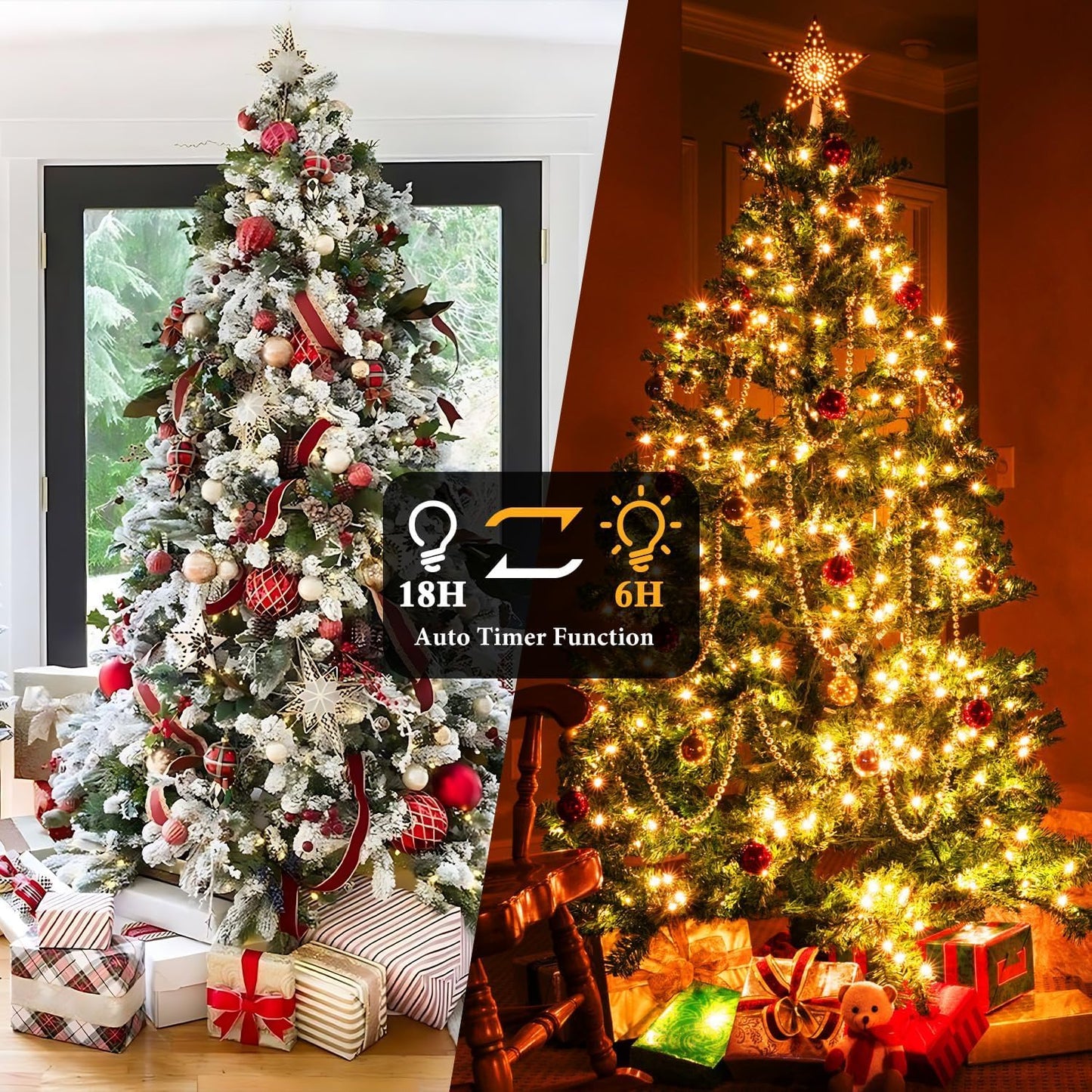 Christmas String Lights, Battery Operated Xmas Tree Lights 132ft 300-LED 8 Modes Waterproof Decorative Lights for Indoor Outdoor Holiday Wedding Party Home Yard Decoration -Warm White