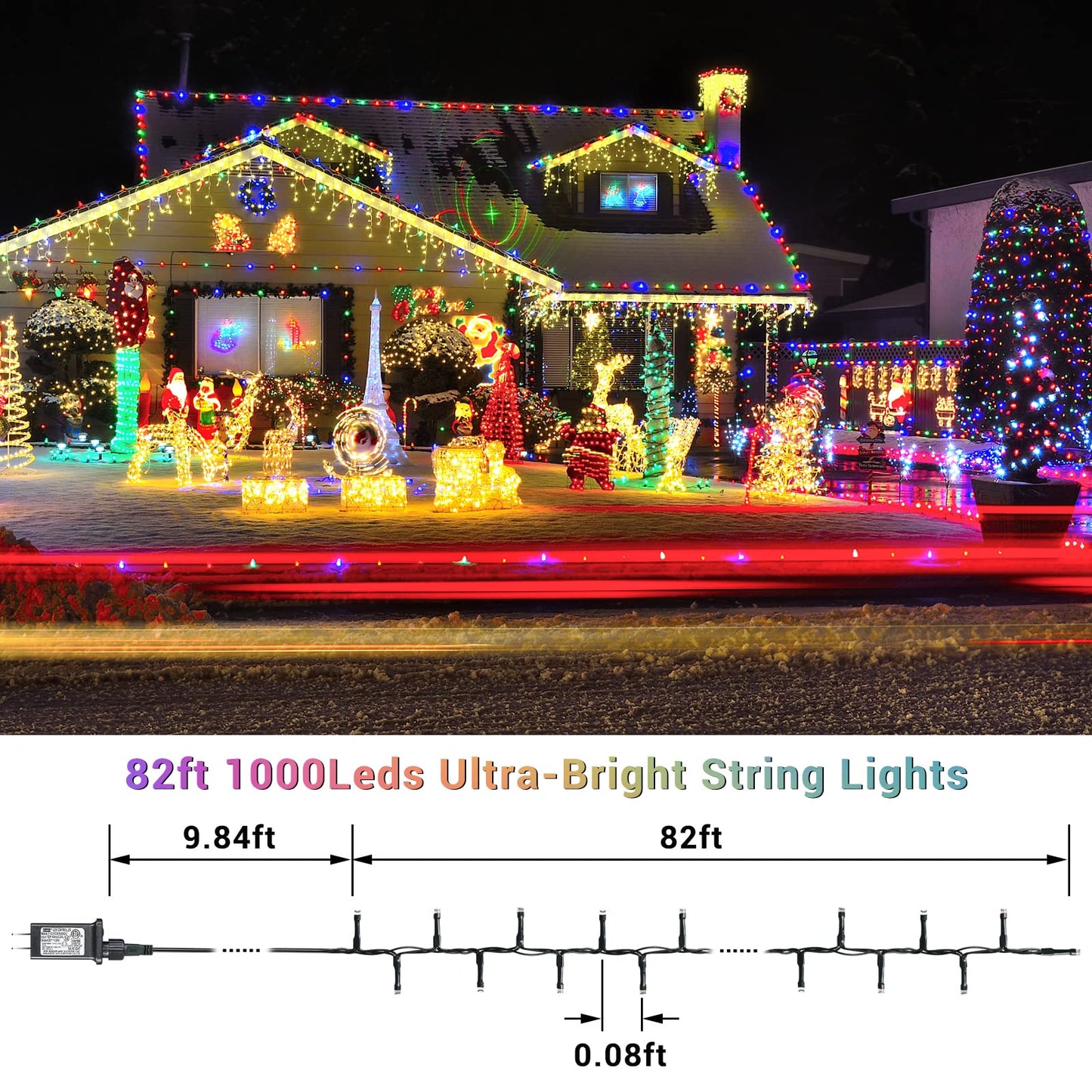 82ft 1000 LED String Christmas Lights - Dark Green Wire Color Changing Cluster Christmas Tree Lights - 8 Modes Outdoor Waterproof Christmas Lights Plug in for Holiday Wedding Party Home Decor