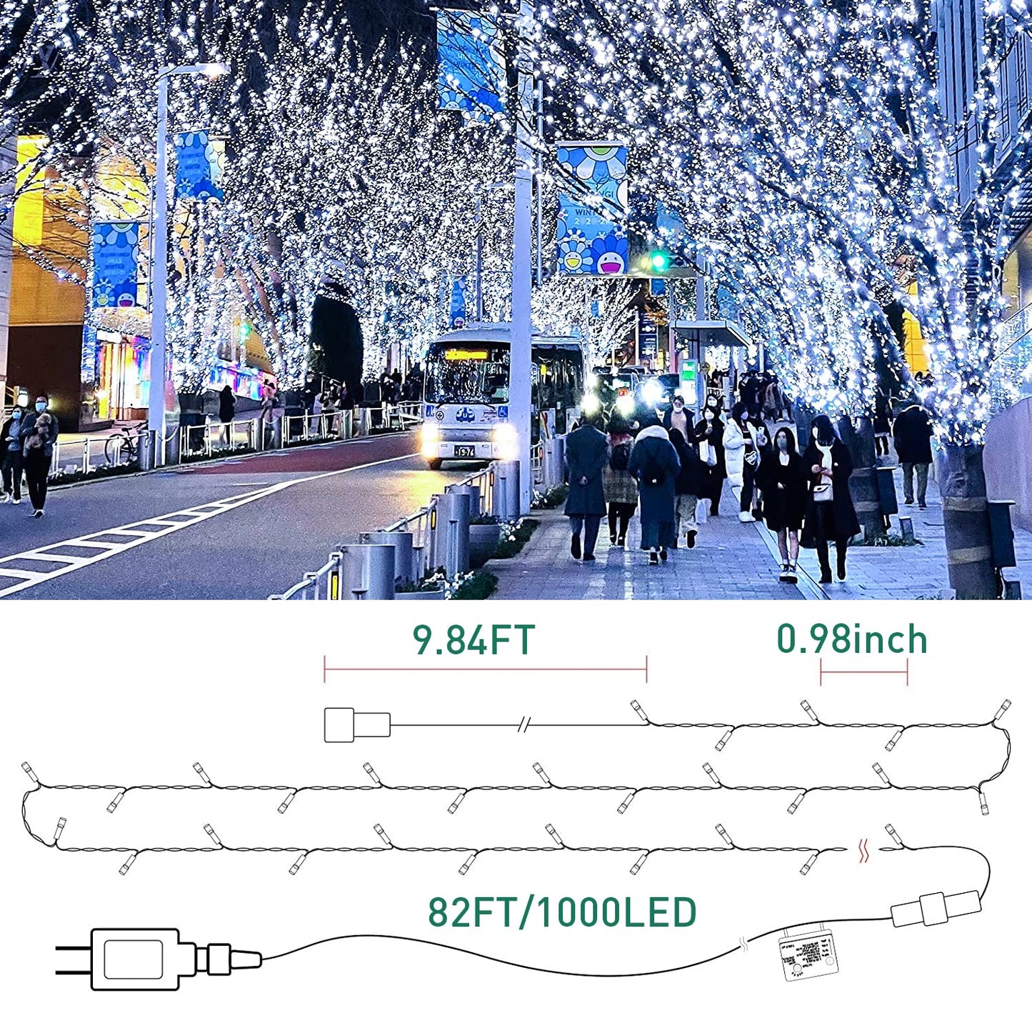 Marchpower 82ft 1000 LED String Christmas Lights - Dark Green Wire Cluster Christmas Tree Lights - 8 Modes Outdoor Waterproof White Christmas Lights Plug in for Holiday Wedding Party Home Decor