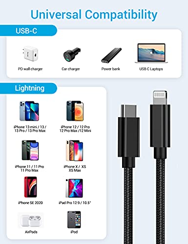 USB C to Lightning Cable, Marchpower MFi Certified iPhone 12 13 Fast Charging Cable 3 Pack 6 ft Type C to Lightning Charger Cord for iPhone 13 12 Pro Max Mini 11 SE(2020) X XS XR 8 Plus, Black