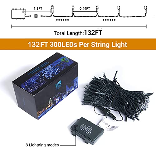 Battery Operated String Lights-132ft 300 LED 8 Modes Outdoor/Indoor Waterproof Fairy Lights,Decorative Light Strings for Wedding Birthday Party Bedroom Proof Garden Valentine's Day Holiday,Blue White