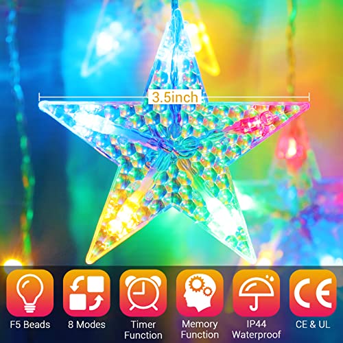 Marchpower 5 Stars Curtain Lights Multicolor, Battery Operated Christmas Star Window Lights with Timer & Memory Function, IP44 Waterproof 36LED Star String Lights with 8 Modes and 6 Hooks for Xmas