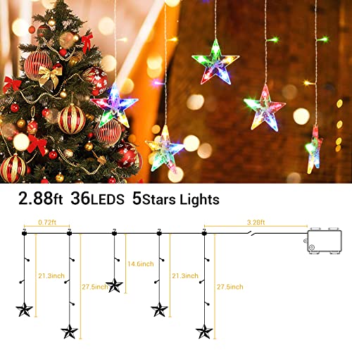 Marchpower 5 Stars Curtain Lights Multicolor, Battery Operated Christmas Star Window Lights with Timer & Memory Function, IP44 Waterproof 36LED Star String Lights with 8 Modes and 6 Hooks for Xmas