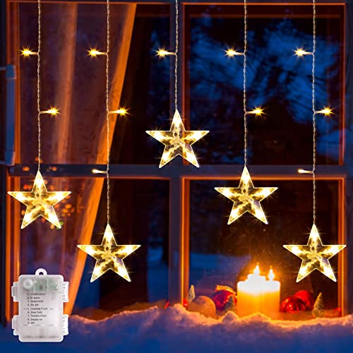 Marchpower Christmas Star Curtain Lights Warm White, Battery Operated 5 Stars Window Lights with Timer & Memory Function, IP44 Waterproof 36LED Star String Lights with 8 Modes and 6 Hooks for Xmas