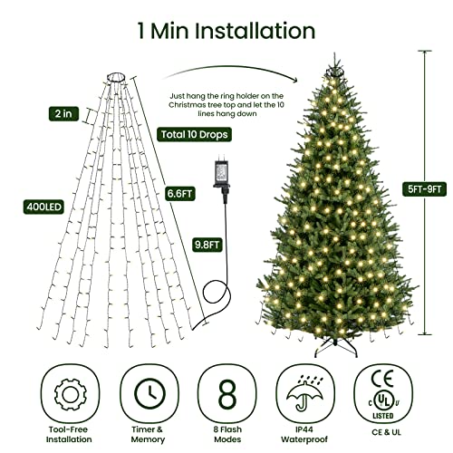 Marchpower Christmas Tree Lights Warm White, 8 Modes Christmas Lights for Tree with Timer & Memory Function, 400 Diamond LED 6.6FTx10 Waterproof Xmas Tree Lights with Ring for Indoor Outdoor