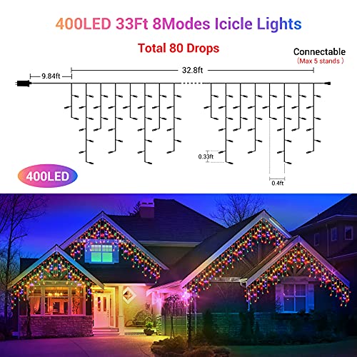 Marchpower 400 LED Icicle Lights - Multicolor 32ft 80 Drops - Indoor/Outdoor Christmas Fairy String Lights Curtain Connectable Starry Twinkle Light 8 Modes for Wedding Holiday Halloween Easter Decor