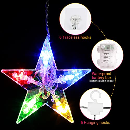 Marchpower 5 Stars Curtain Lights Multicolor, Battery Operated Christmas Star Window Lights with Timer & Memory Function, IP44 Waterproof 36LED Star String Lights with 8 Modes and 6 Hooks for Xmas
