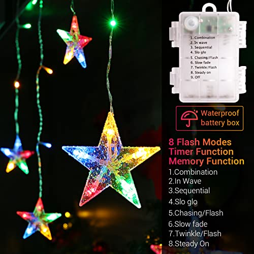 Marchpower 5 Stars Curtain Lights Multicolor, Battery Operated Christmas Star Window Lights with Timer & Memory Function, IP44 Waterproof 36LED Star String Lights with 8 Modes and 6 Hooks for Xmas
