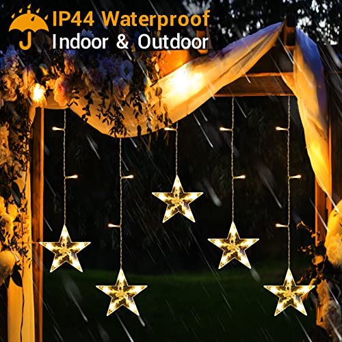 Marchpower Christmas Star Curtain Lights Warm White, Battery Operated 5 Stars Window Lights with Timer & Memory Function, IP44 Waterproof 36LED Star String Lights with 8 Modes and 6 Hooks for Xmas