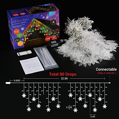 Marchpower Snowflake LED Icicle Lights - 32ft 400 LEDs 80 Drips Multicolor/Warm White Color Changing Window Curtain String Light Connectable Twinkle Light 8 Modes for Easter Wedding Holiday Décor