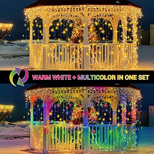 Marchpower Snowflake LED Icicle Lights - 32ft 400 LEDs 80 Drips Multicolor/Warm White Color Changing Window Curtain String Light Connectable Twinkle Light 8 Modes for Easter Wedding Holiday Décor