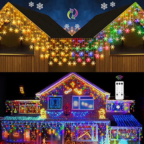 Marchpower Snowflake LED Icicle Lights - 32ft 400 LEDs 80 Drips Multicolor/Warm White Color Changing Window Curtain String Light Connectable Twinkle Light 8 Modes for Easter Wedding Holiday Décor