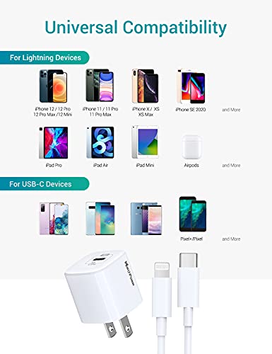 iPhone Fast Charger - MFi Certified USB C to Lightning Cable - 20W Type-C Quick Charger Block Wall Plug Super Speed Charging Cord Compatible with iPhone 13 12 SE 11 Pro Max X XS XR 8 AirPods Pro iPad