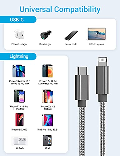 USB C to Lightning Cable, Marchpower MFi Certified iPhone 12 13 Fast Charging Cable 3 Pack 3/6/10 ft Type C to Lightning Charger Cord for iPhone 13 12 Pro Max Mini 11 SE X XS XR 8 Plus, Gray