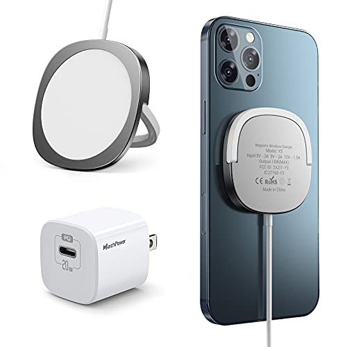 iPhone 13 Magnetic Wireless Charger - Mag Charging and 20W USB-C Fast Wall Plug Compatible with iPhone 13/13 Pro / 13 Pro Max / 13 Mini/ 12/12 Mini/ 12 Pro/12 Pro Max/AirPods Pro - Silver