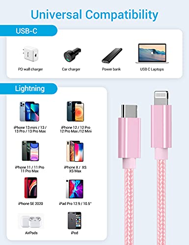 Marchpower USB C to Lightning Cable - MFi Certified iPhone 13 Fast Charger Cord 3/6/10ft Charging Cable Compatible with iPhone 13 12 Pro Max Mini 11 X XS XR 8 Plus -Pink