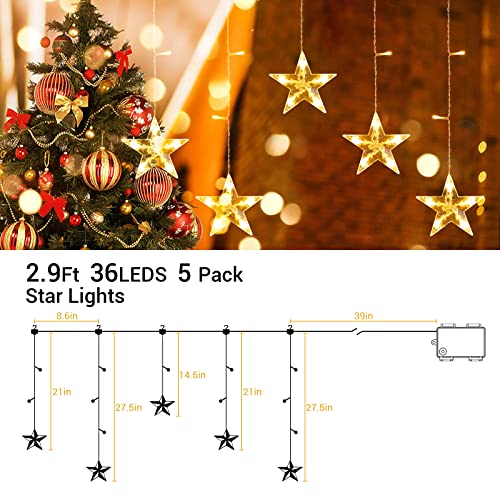 Marchpower Christmas Star Curtain Lights Warm White, Battery Operated 5 Stars Window Lights with Timer & Memory Function, IP44 Waterproof 36LED Star String Lights with 8 Modes and 6 Hooks for Xmas