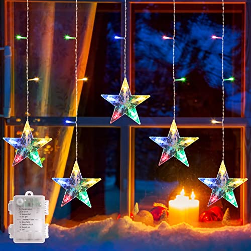 Marchpower 5 Stars Curtain Lights Multicolor, Battery Operated Christmas Star Window Lights with Timer & Memory Function, IP44 Waterproof 36LED Star String Lights with 8 Modes and 6 Hooks for Xmas