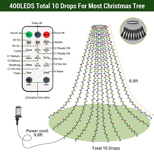 Marchpower Christmas Tree Lights Color Changing, 11 Modes Christmas Light Outdoor with Remote Control, 400 Diamond LED 6.6FTx10 Waterproof Xmas Tree Lights with Timer & Memory Function for Indoor