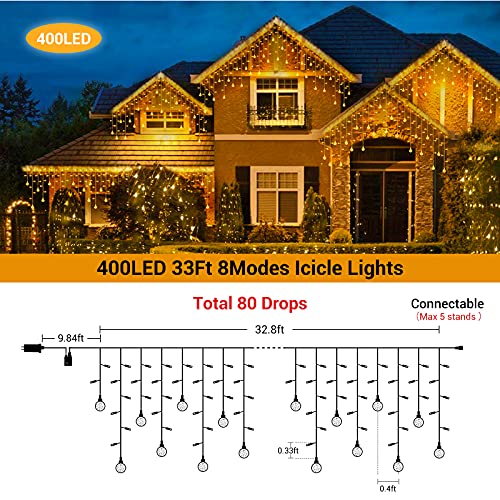 Christmas Easter Curtain Warm White Icicle Lights - 400 LED 32ft 80 Drops - Waterproof Indoor/Outdoor Crystal Ball Fairy Light Decoration 8 Modes Connectable Twinkle Lights Wedding Party Holiday Décor