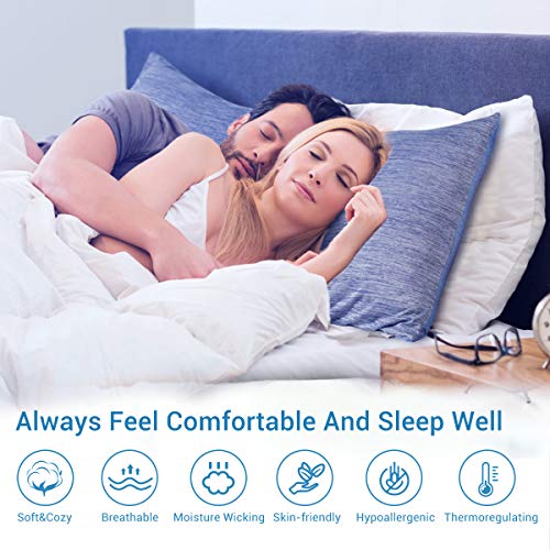 Marchpower Cooling Pillowcases Japanese Arc-Chill & Cotton Double Design Pillow Cases 2 Pack Breathable Anti-Static Skin-Friendly for Hot Sleepers Night Sweats Pillowcase (Queen 20X30 inches)-Blue