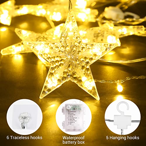 Marchpower Christmas Star Curtain Lights Warm White, Battery Operated 5 Stars Window Lights with Timer & Memory Function, IP44 Waterproof 36LED Star String Lights with 8 Modes and 6 Hooks for Xmas