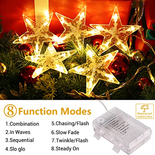 Marchpower Christmas Star Curtain Lights Warm White, Battery Operated 5 Stars Window Lights with Timer & Memory Function, IP44 Waterproof 36LED Star String Lights with 8 Modes and 6 Hooks for Xmas