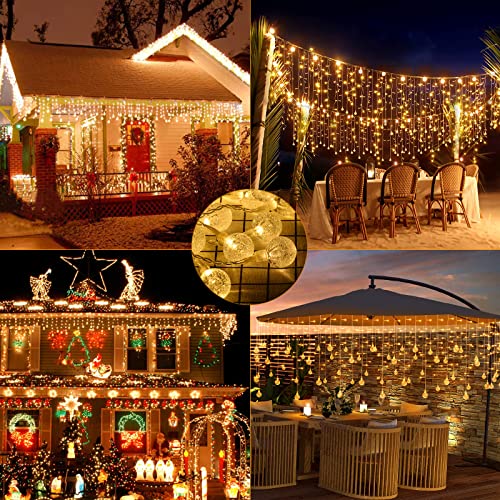 Christmas Easter Curtain Warm White Icicle Lights - 400 LED 32ft 80 Drops - Waterproof Indoor/Outdoor Crystal Ball Fairy Light Decoration 8 Modes Connectable Twinkle Lights Wedding Party Holiday Décor